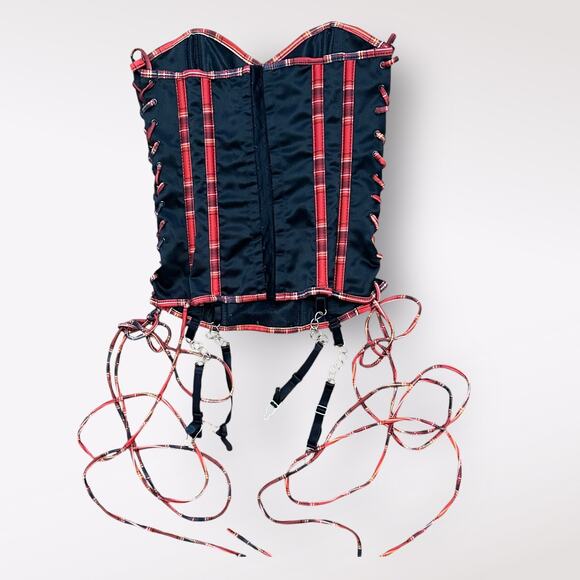 100% Babe y2k punk Black and Plaid Sequined Skull Bustier Corset‎ Top Size 34 - Picture 3 of 7